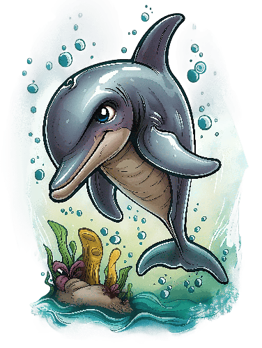 Playful Cartoon Dolphin Jumping with Bubbles Illustration