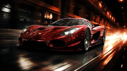 Red Sports Car in Liquid Metal Style Speeding at Night