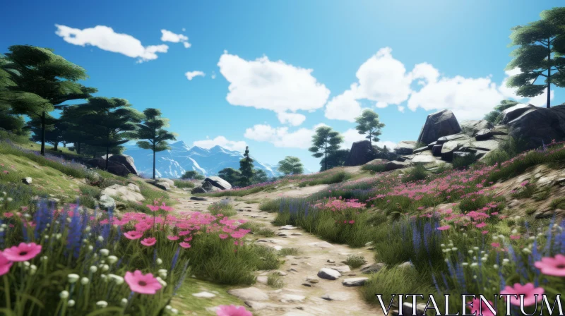 Romanticized Wilderness: Floral Path through Mountain Landscape AI Image