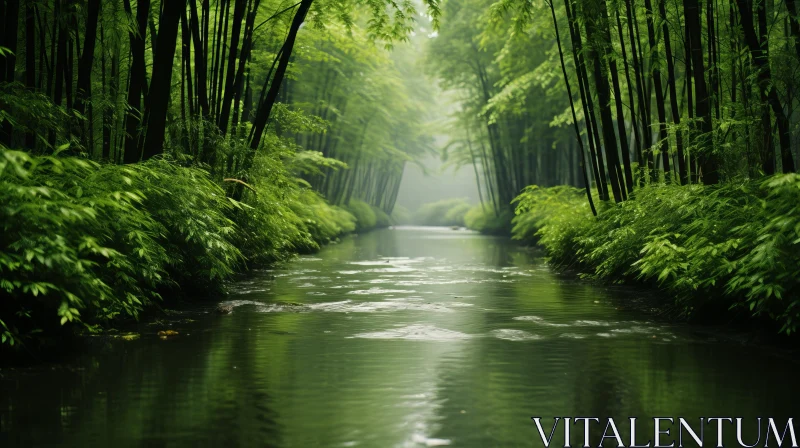 Serene Forest River Amidst Bamboo - Natural Zen Imagery AI Image