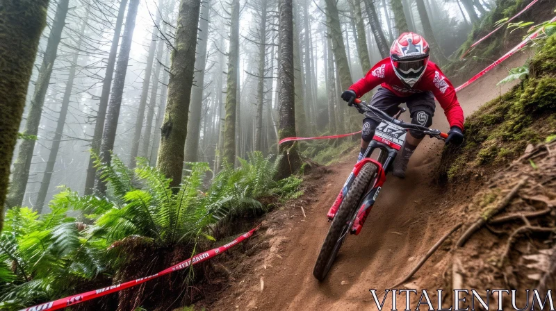 Thrilling Mountain Biker in Mystical Fog - A Captivating Journey AI Image