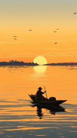 Tranquil Fishing Scene with Canoe, Birds, and Serene Sunset