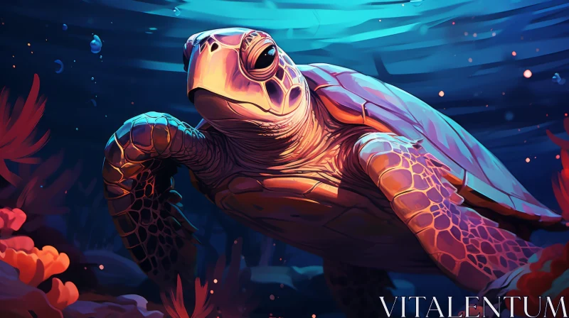 Underwater Sea Turtle Adventure: An Algeapunk and Skeuomorphic Artwork AI Image