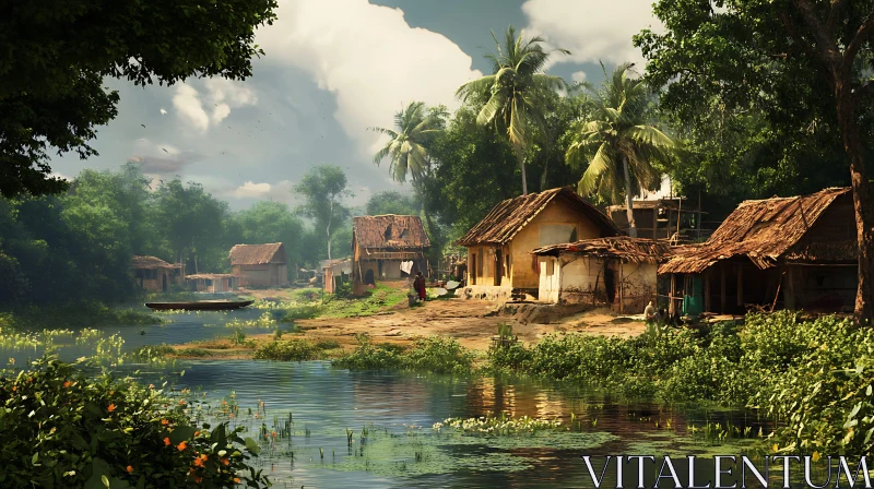 Peaceful Village Landscape with Thatched Houses AI Image