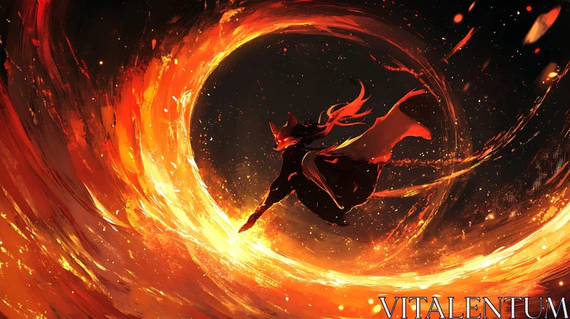 Fiery Whirlwind and Fox Masked Figure AI Image