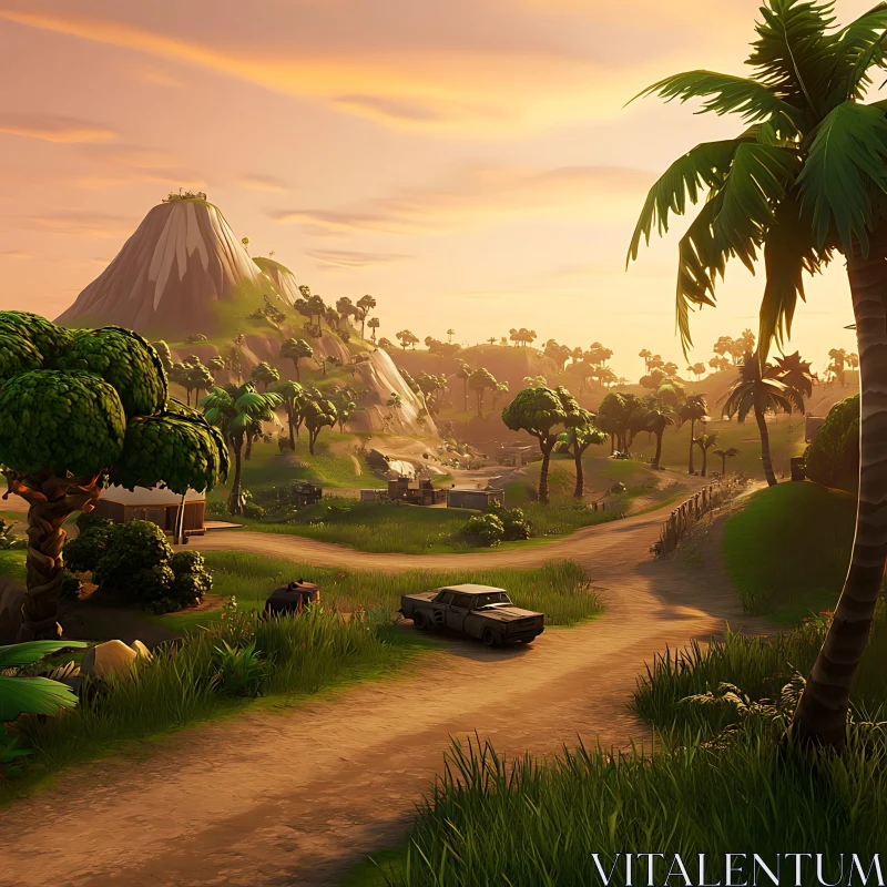 AI ART Tropical Landscape with Mountain and Car