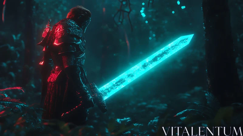 AI ART Armored Warrior in Neon Lit Forest