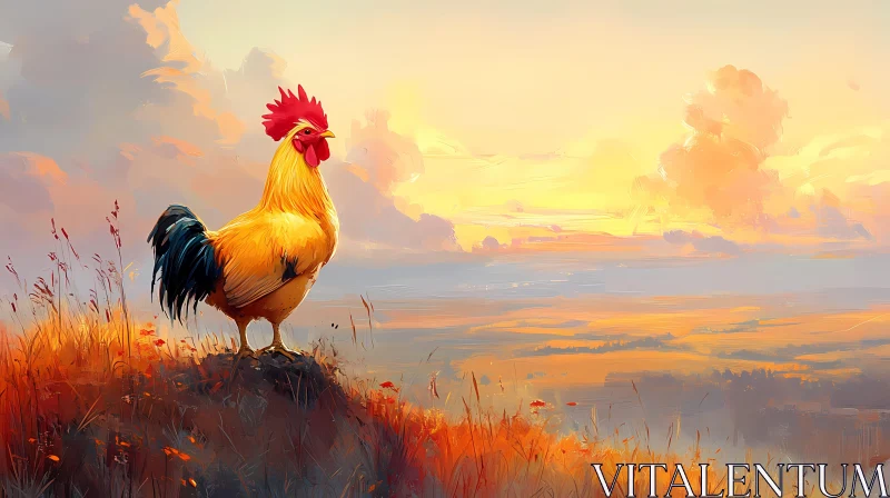 Rooster Overlooking Sunrise Landscape AI Image