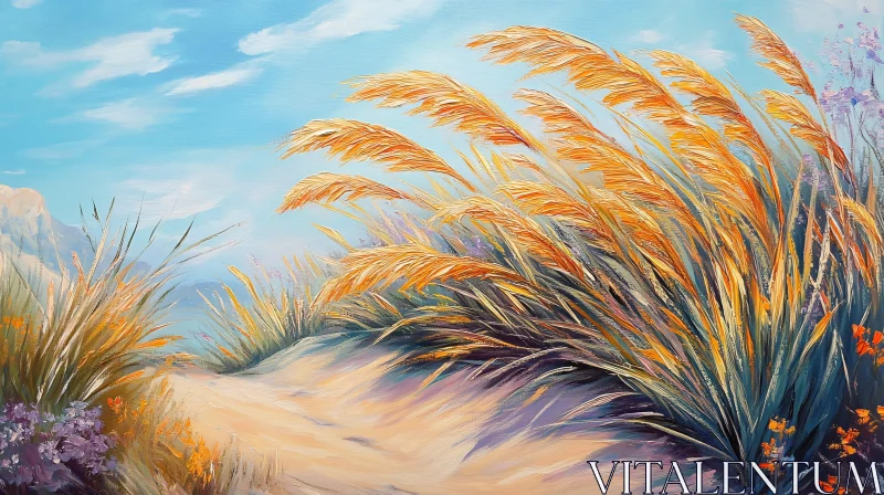 AI ART Golden Grasses Field Under Blue Sky