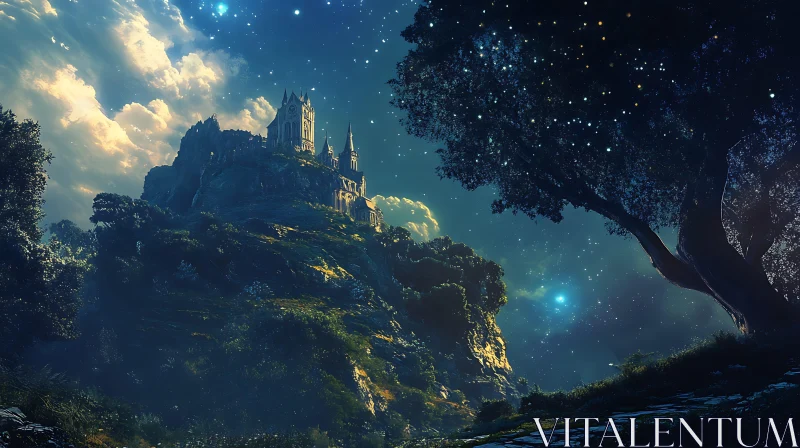 Fantasy Castle on Hill at Night AI Image