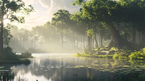 Tranquil Forest Landscape with Sunlight and Mist