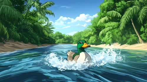 Animated Duck in Tropical River Scene