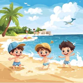 Cartoon Kids Enjoying Beach Vacation