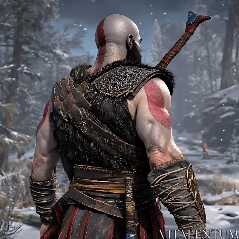 Strong Warrior with Axe in Snowy Woods AI Image