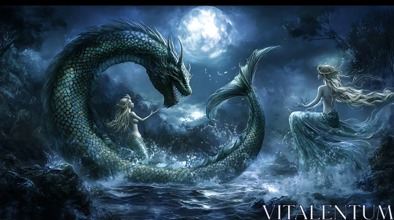 Lunar Encounter of Dragon and Mermaids AI Image