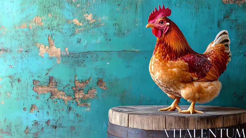 Rooster on Barrel with Distressed Wall AI Image