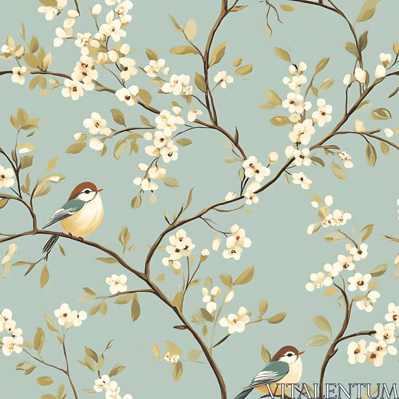 Detailed Birds and Blossoms Illustration AI Image