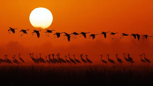 Sunset Flight of Cranes