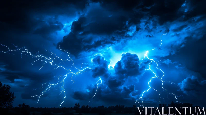 Blue Lightning Storm Over Dark Landscape AI Image