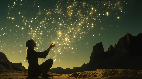 Silhouette Reaching for Stardust in Desert