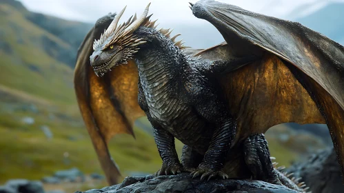 Fantasy Dragon Perched on Rock