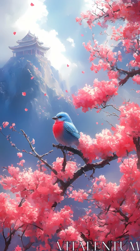 AI ART Serene Bird and Blossoms in Mountain Landscape