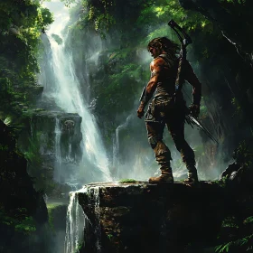 Adventurer Overlooking Jungle Waterfall