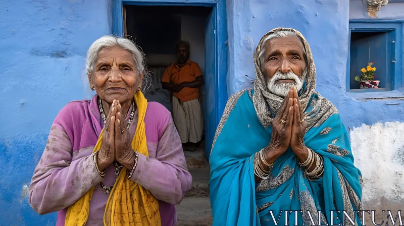 Elderly Women Praying in Blue City AI Image