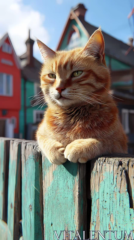 Lounge Cat with Colorful Village Background AI Image