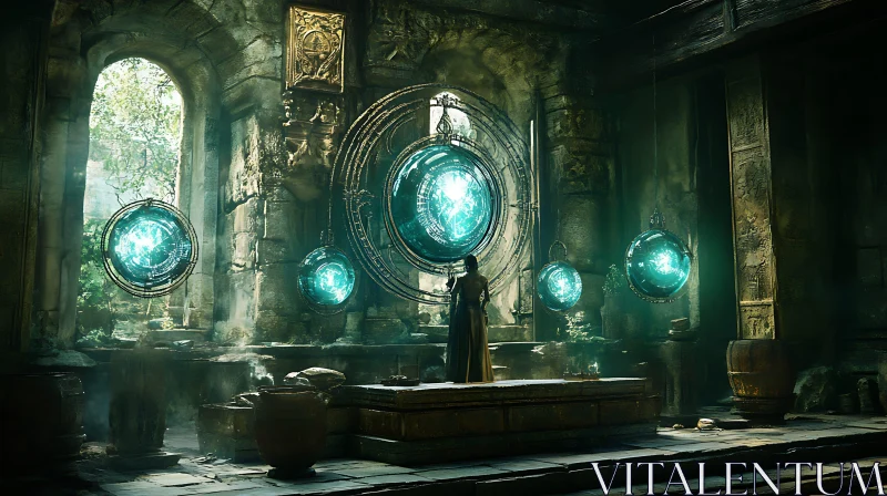 AI ART Glowing Orbs in Stone Chamber Artwork