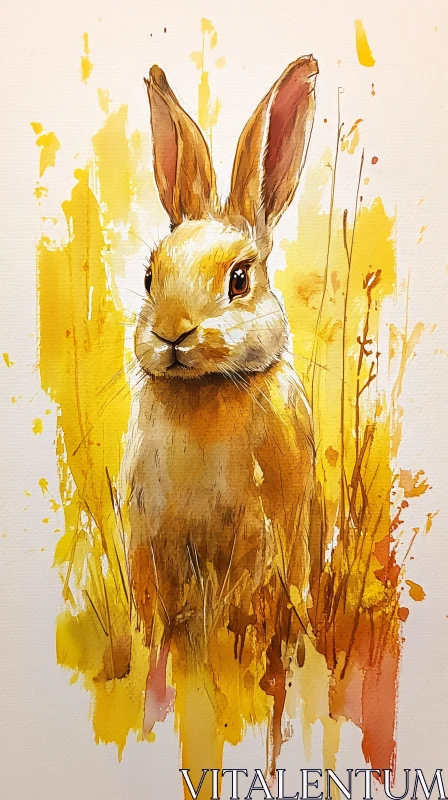 AI ART Golden Hued Rabbit Watercolor