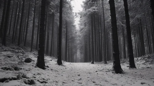 Monochromatic Winter Forest Scene with Snow-Covered Path