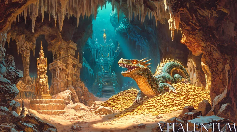 Fantasy dragon on gold pile AI Image