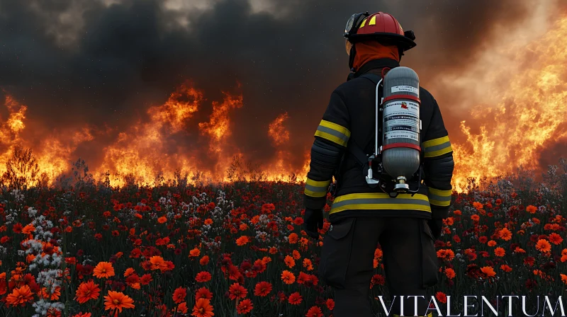 Heroic Firefighter Confronts Raging Wildfire in Flower Field AI Image