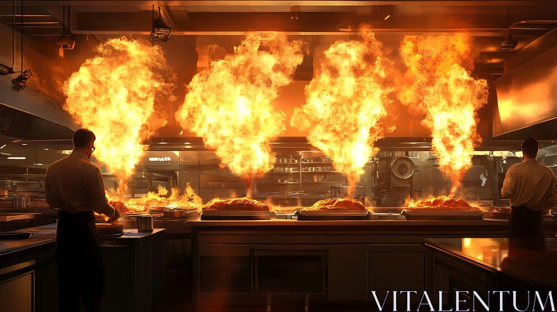 Chefs Cooking with Large Flames in a Kitchen AI Image