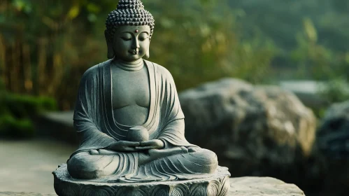 Serene Buddha Sculpture with Green Backdrop