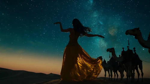 Night Desert Woman Camels