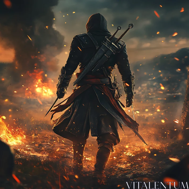 AI ART Hooded Warrior Amidst Fire and Swords