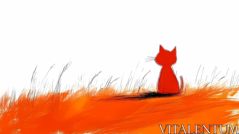 Minimalist Cat Art in Orange Field AI Image