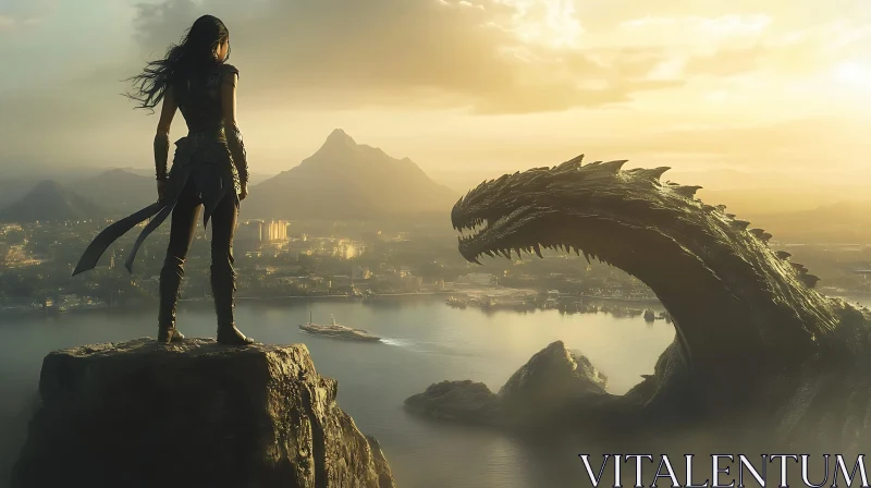 Cliffside Stare: Woman and Dragon AI Image