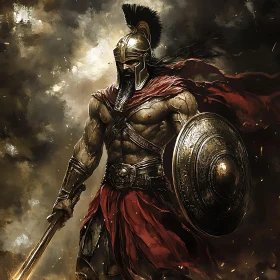 Ancient Warrior with Shield and Spear
