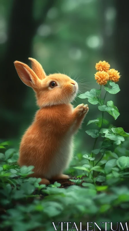 AI ART Curious Bunny with Blooms in Woodland