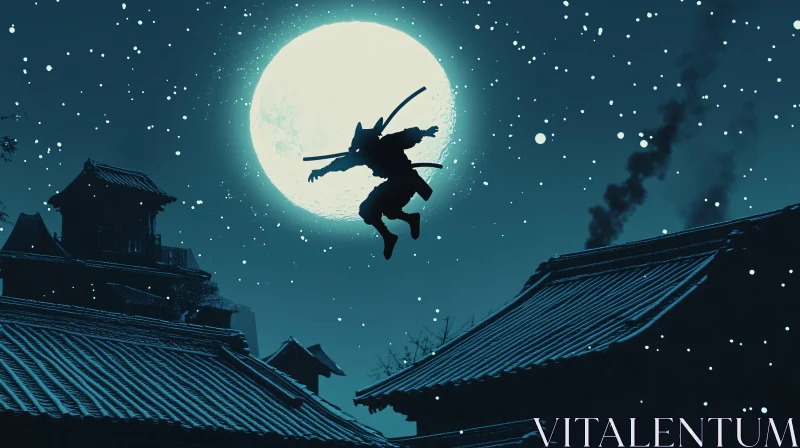 Silhouette of Ninja in Night Scene AI Image