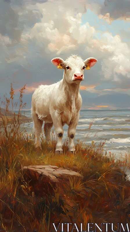 White Cow by the Sea AI Image