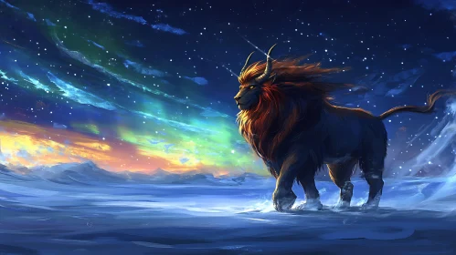 Fantasy Lion Under Northern Lights