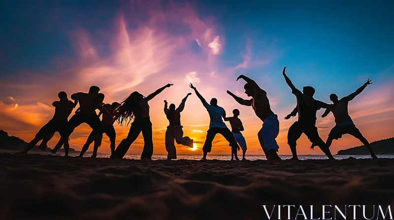 Silhouetted Figures Enjoying Sunset at the Beach AI Image