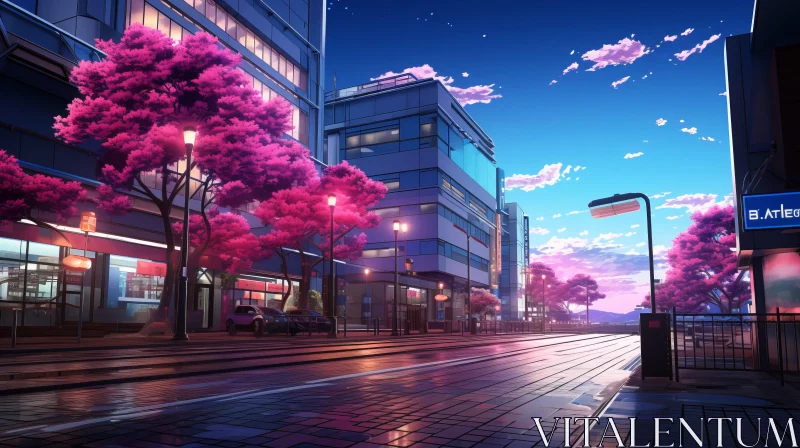 Anime Cityscape at Sunset with Cherry Blossoms AI Image