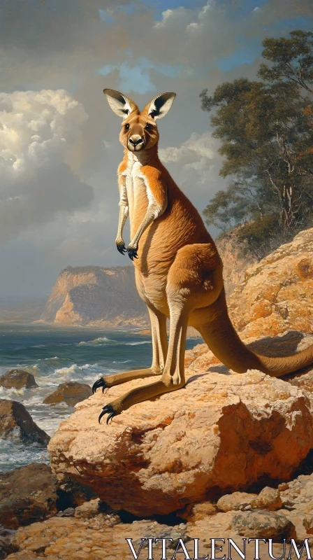 Kangaroo on Rocky Shore AI Image