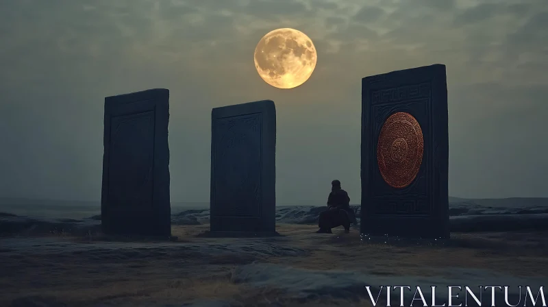 AI ART Lunar Meditation Between Ancient Stones