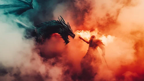 Warrior and Dragon in Smoky Battle